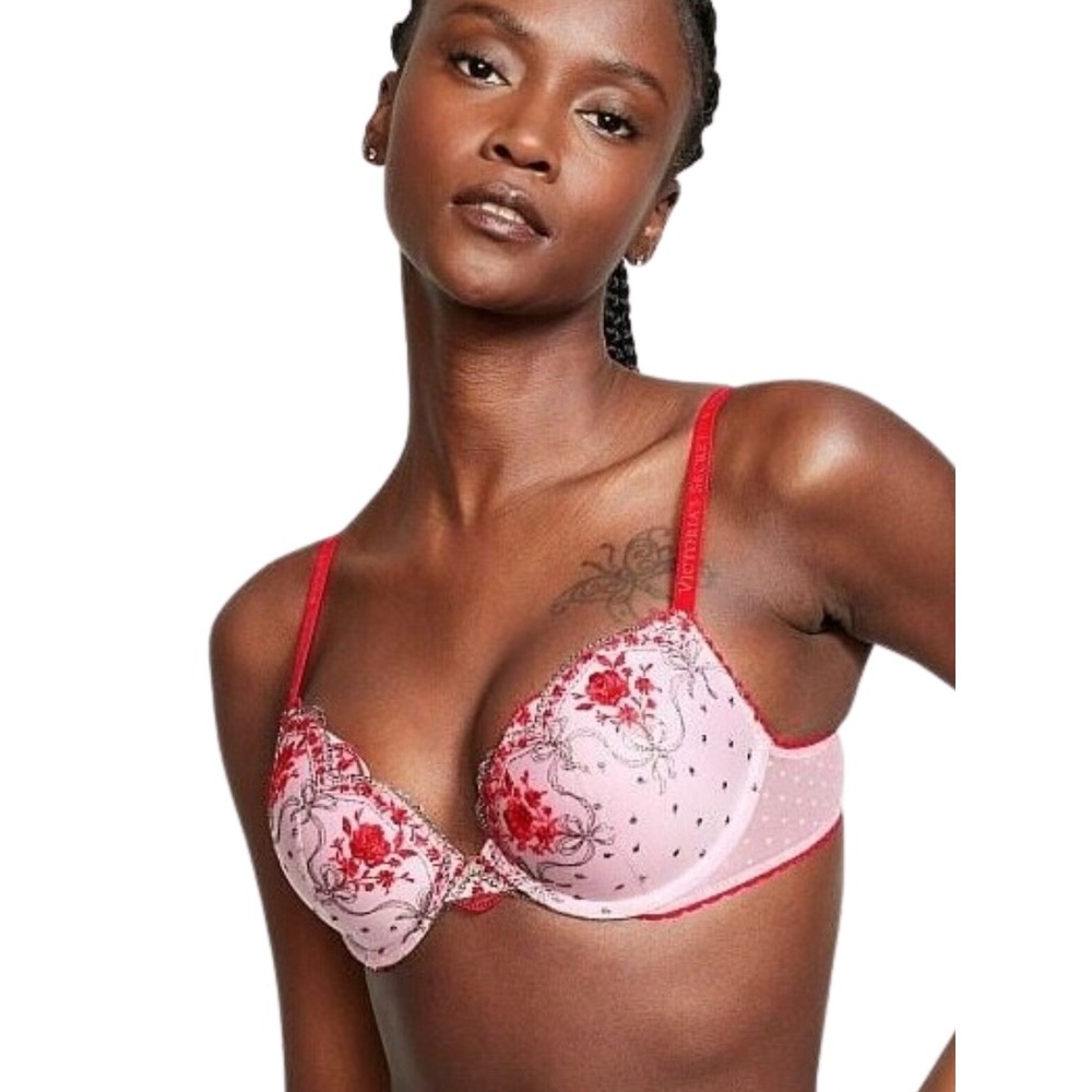 32DD Victoria's Secret‎ Very Sexi Low Cut Demi Bra, Red Black White Lace Floral